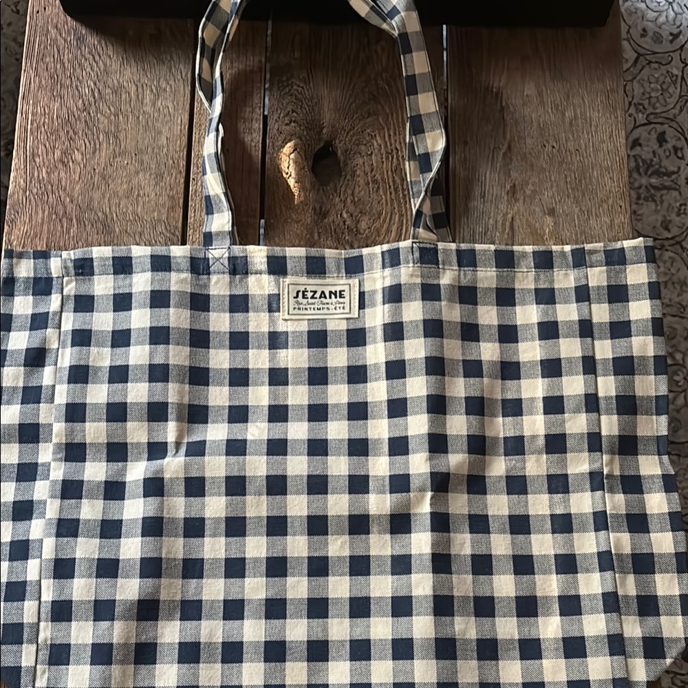 Sézane Blue and White Checkered Tote Bag